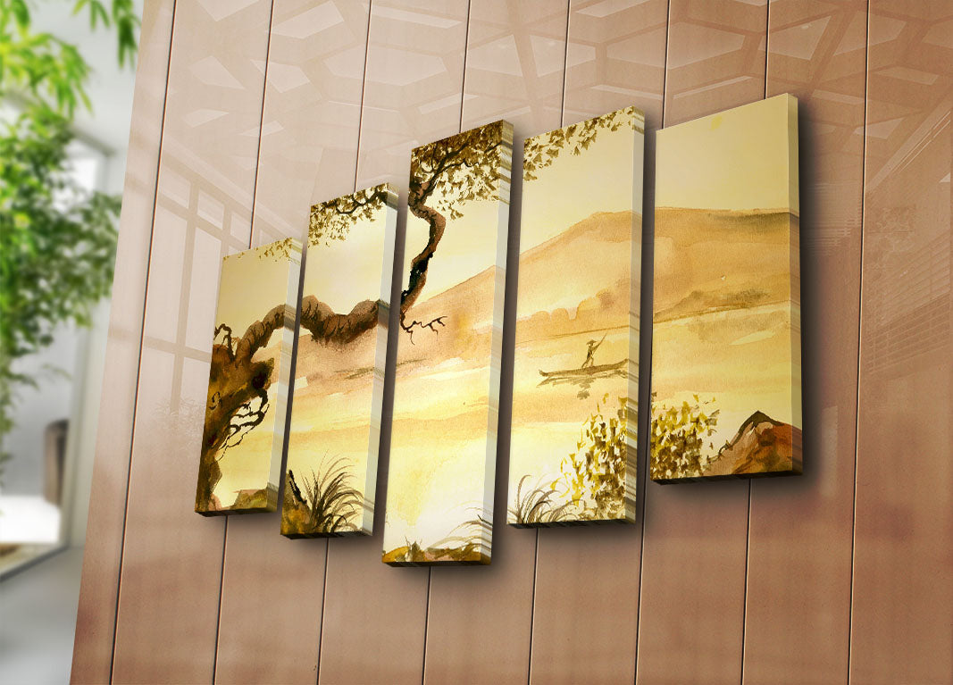 Quadro Decorativo em Tela 5 Peças Multicolor 70x105 cm — Suede 100% com Moldura de Madeira 3 cm