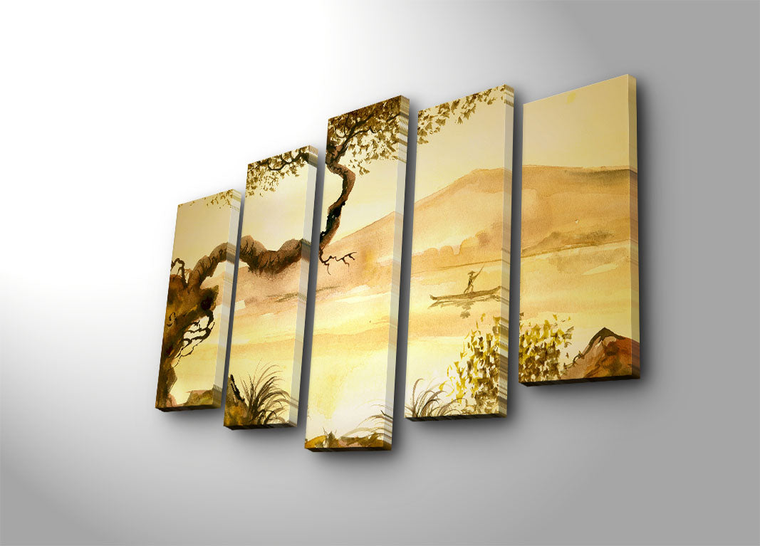 Quadro Decorativo em Tela 5 Peças Multicolor 70x105 cm — Suede 100% com Moldura de Madeira 3 cm