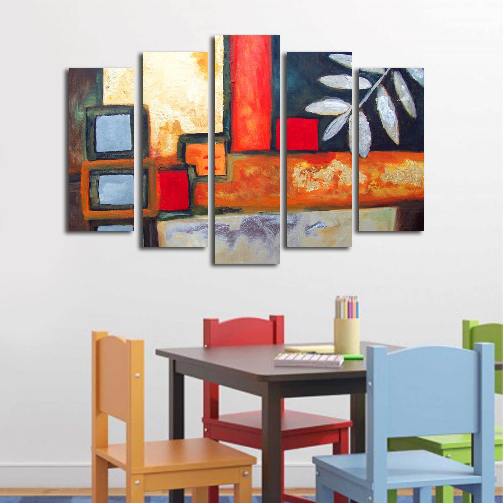 Quadro Decorativo Multicolor em Tela Camurça (5 Peças) com Moldura de Madeira – 70 x 105 cm