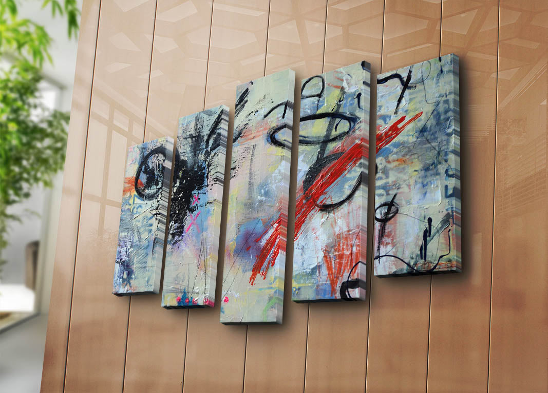 Tela Decorativa Multicolor em Suede — Conjunto de 5 Peças com Moldura de Madeira (70 x 105 cm) | 5PATK-138