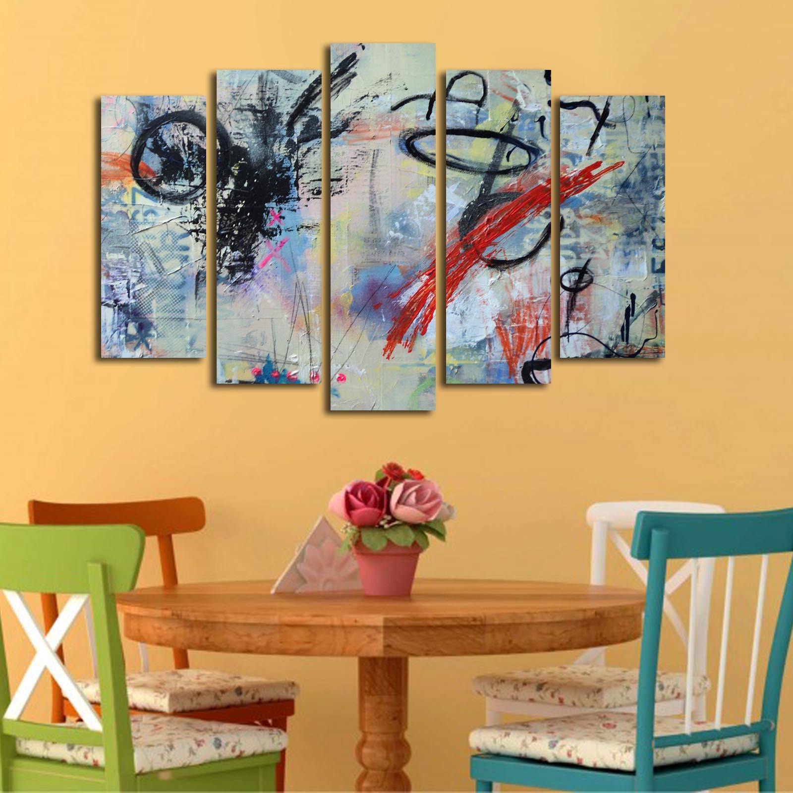 Tela Decorativa Multicolor em Suede — Conjunto de 5 Peças com Moldura de Madeira (70 x 105 cm) | 5PATK-138