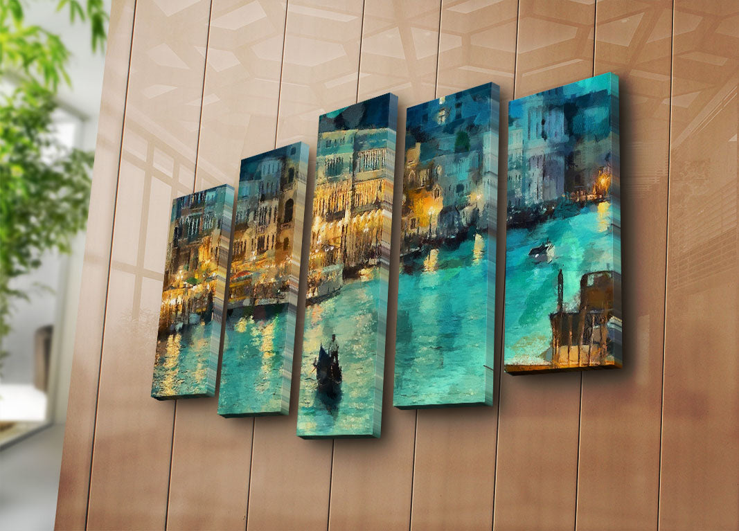 Quadro Decorativo em Tela Suede Multicolor – Conjunto de 5 Peças com Moldura de Madeira, 70x105 cm