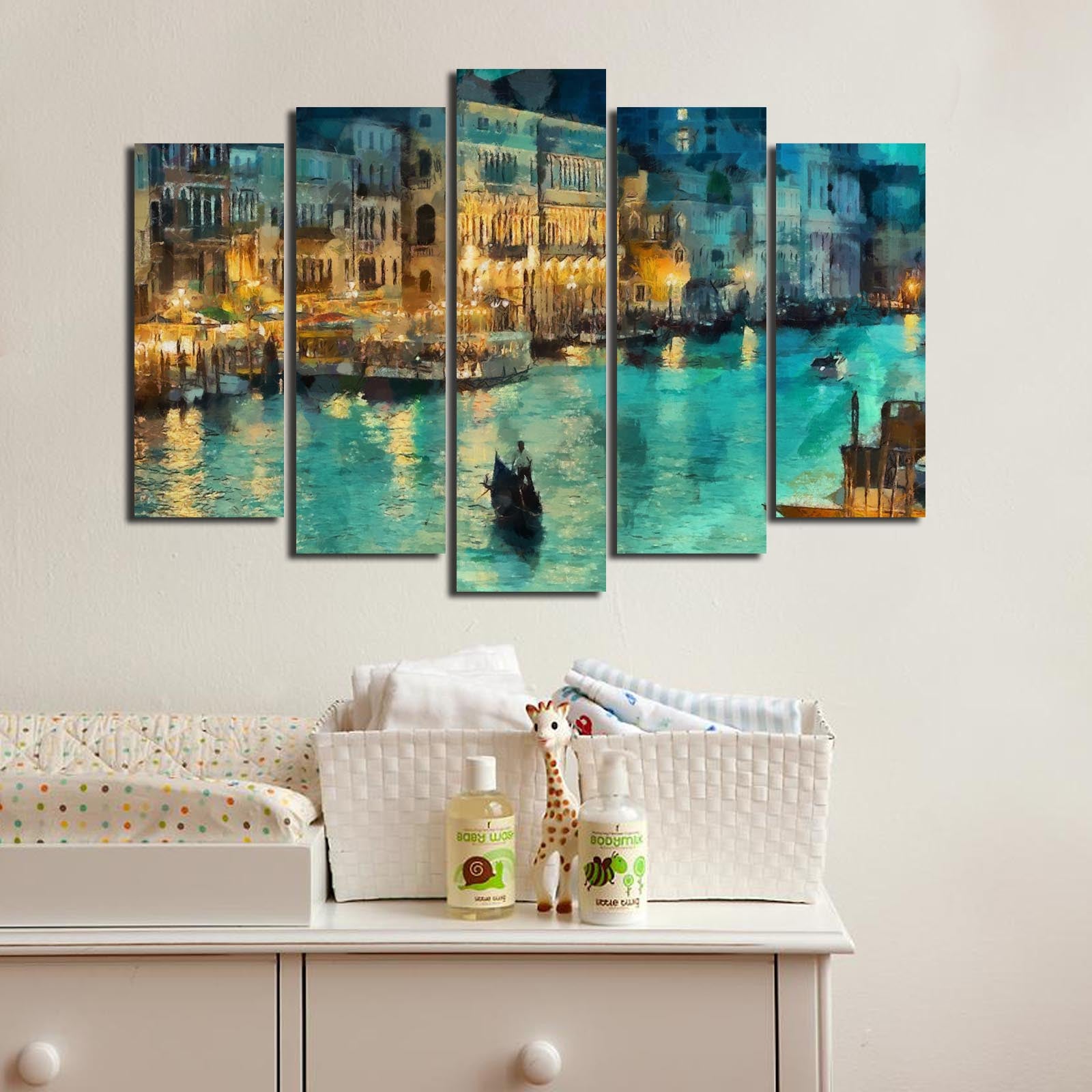 Quadro Decorativo em Tela Suede Multicolor – Conjunto de 5 Peças com Moldura de Madeira, 70x105 cm