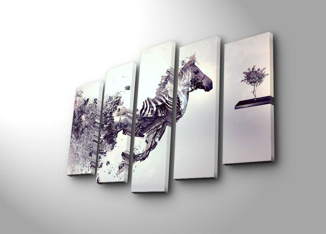 5PATK-162 Quadro Decorativo Multicolor em Tela Suede 100% (5 Peças) 70x105 cm com Moldura de Madeira 3 cm