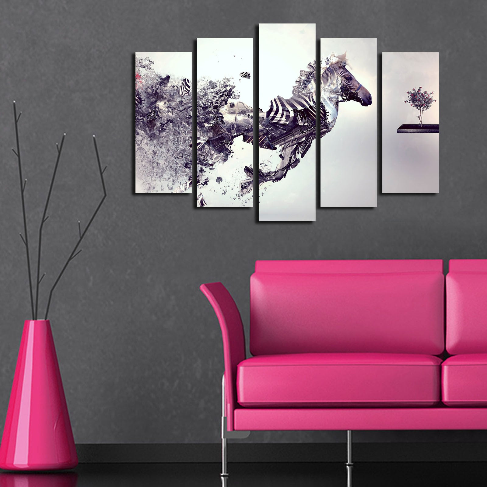 5PATK-162 Quadro Decorativo Multicolor em Tela Suede 100% (5 Peças) 70x105 cm com Moldura de Madeira 3 cm