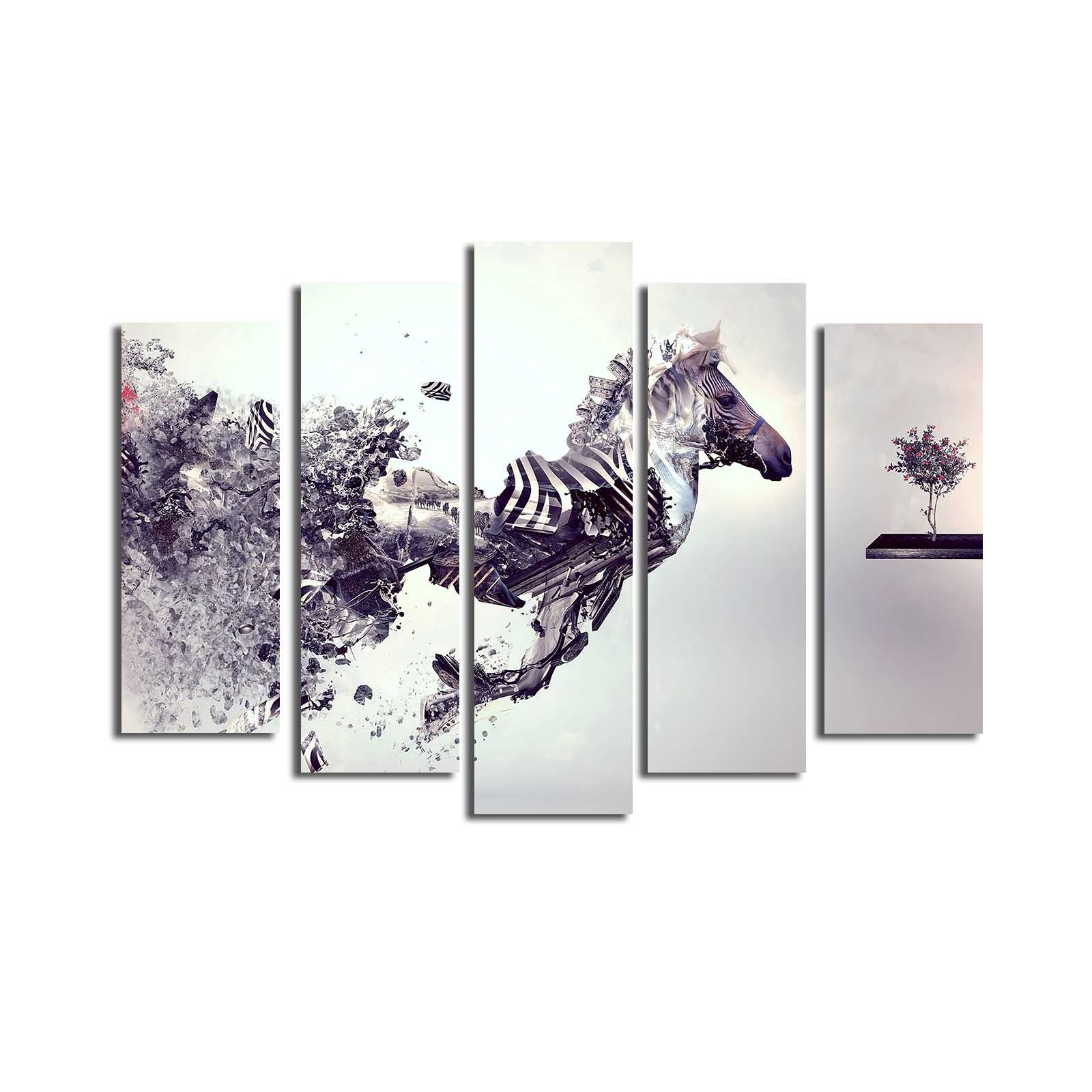 5PATK-162 Quadro Decorativo Multicolor em Tela Suede 100% (5 Peças) 70x105 cm com Moldura de Madeira 3 cm