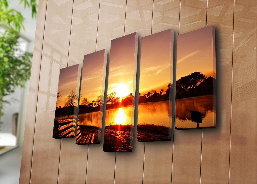 Quadro Decorativo em Tela Multicor 5 Peças – Camurça 100%, Moldura de Madeira 3 cm, 70 x 105 cm (5PATK-174)