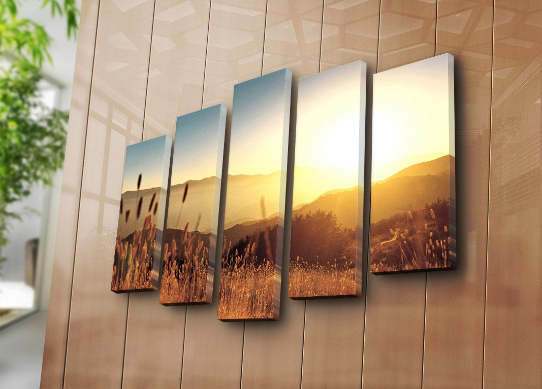 Quadro Decorativo 5 Peças Multicolor — Tela Suede 100%, Moldura de Madeira, 70x105 cm