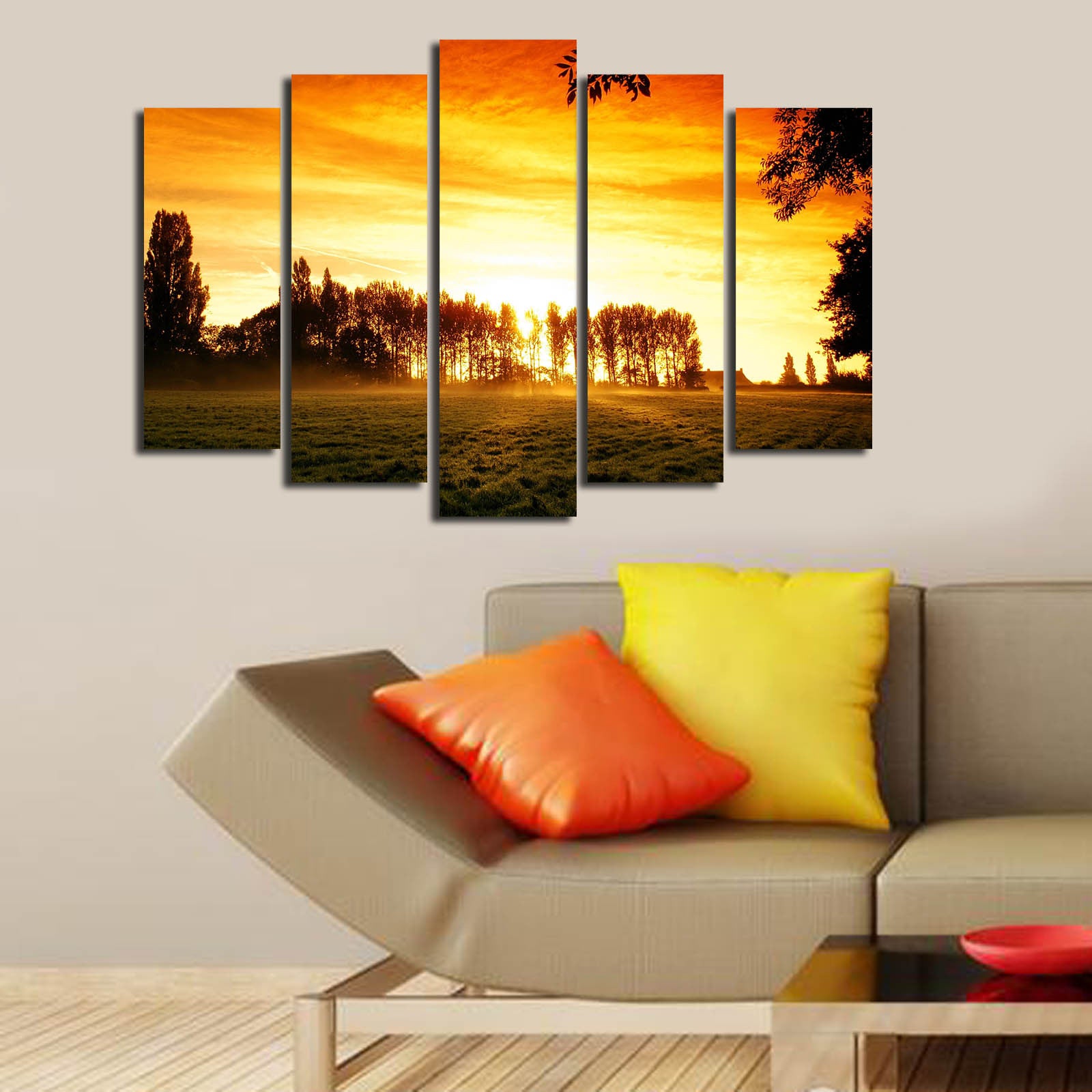 Quadro Decorativo em Tela 5 Peças Multicolor — Camurça 100%, Moldura 100% Madeira — 70 x 105 cm (5PATK-181)