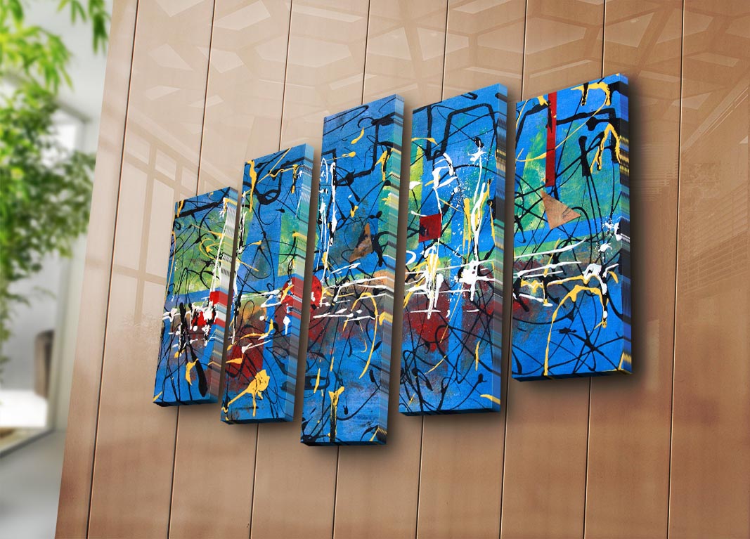 Tela Decorativa Multicolor em Suede – Conjunto 5 Peças 70x105 cm (Modelo 5PATK-186) com Moldura de Madeira