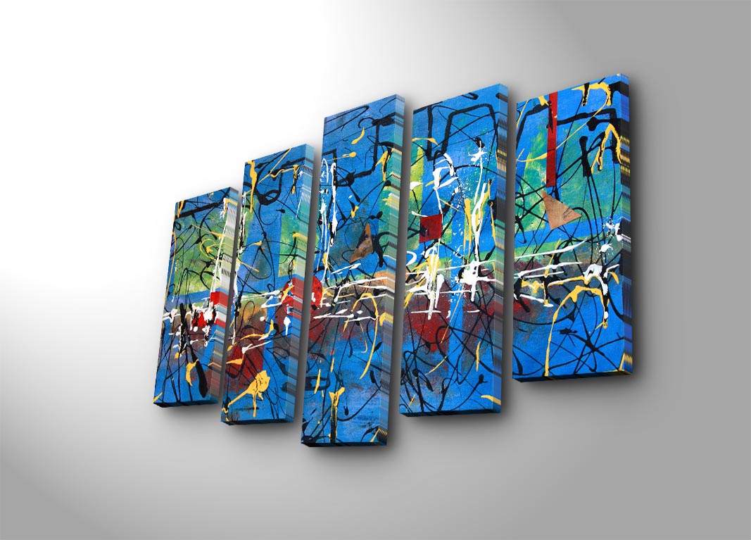 Tela Decorativa Multicolor em Suede – Conjunto 5 Peças 70x105 cm (Modelo 5PATK-186) com Moldura de Madeira