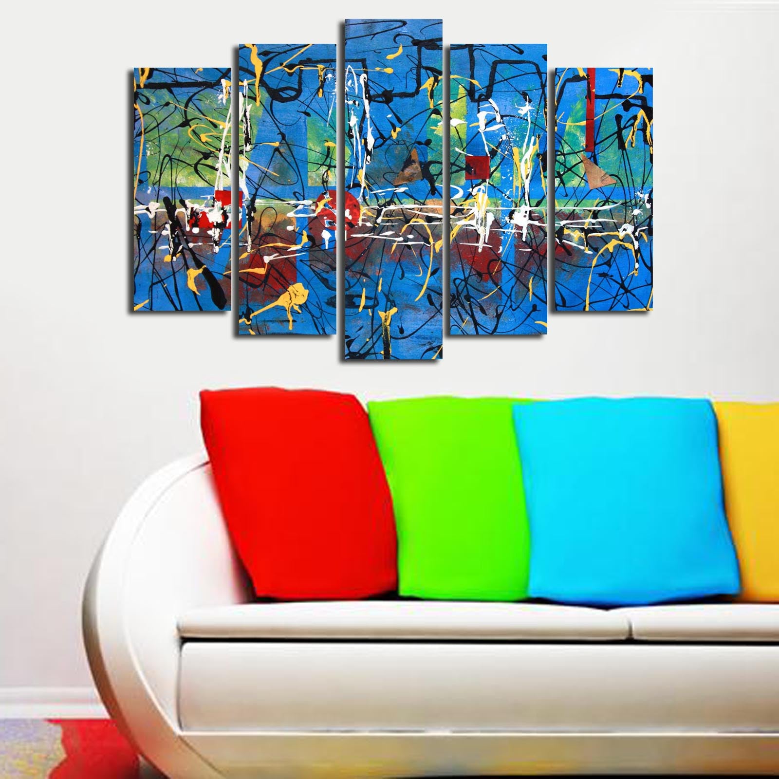 Tela Decorativa Multicolor em Suede – Conjunto 5 Peças 70x105 cm (Modelo 5PATK-186) com Moldura de Madeira