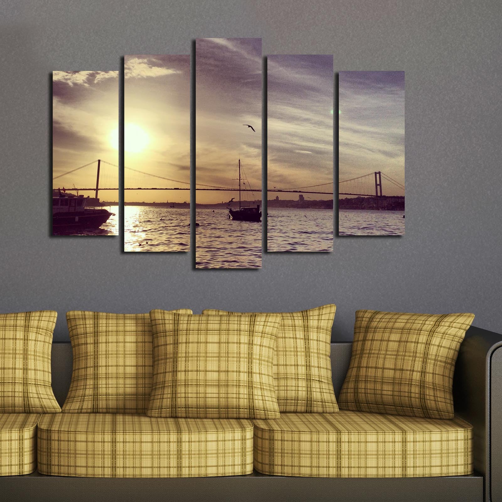 Quadro Decorativo 5 Peças em Tela Suede Multicolor 70x105 cm com Moldura de Madeira (5PATK-188)