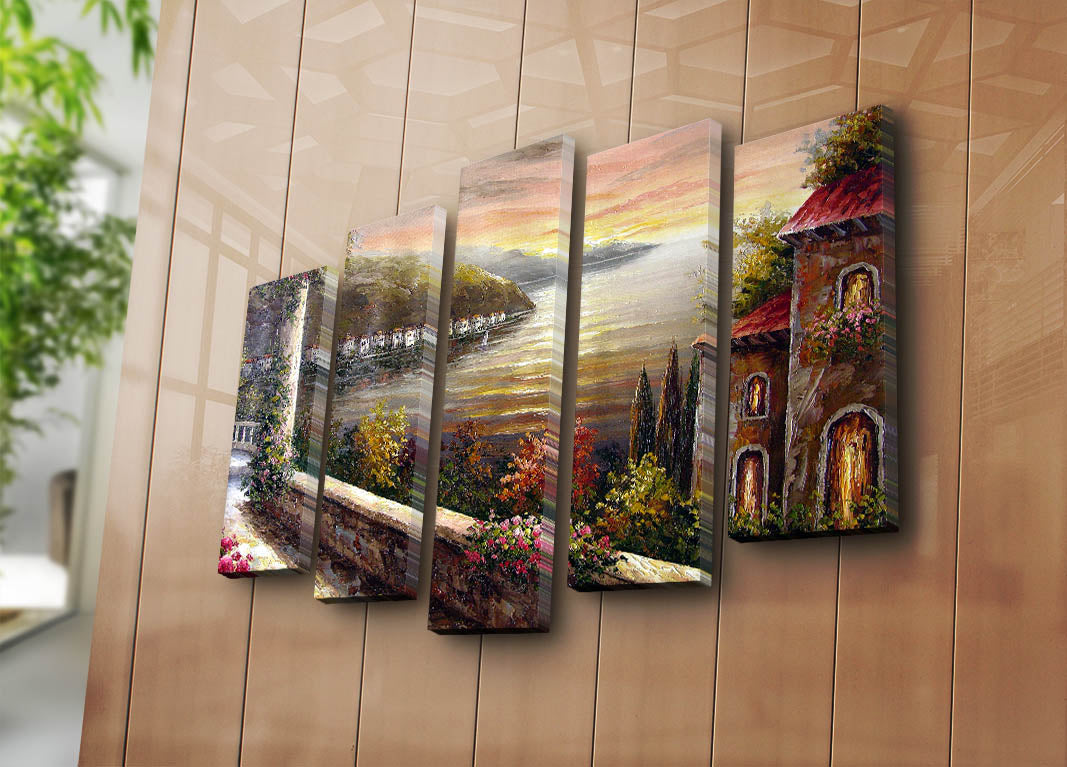 Quadro Decorativo em Tela Suede Multicolor — Conjunto 5 Peças, Moldura Madeira 3 cm, 70 x 105 cm