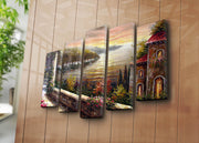 Quadro Decorativo em Tela Suede Multicolor — Conjunto 5 Peças, Moldura Madeira 3 cm, 70 x 105 cm