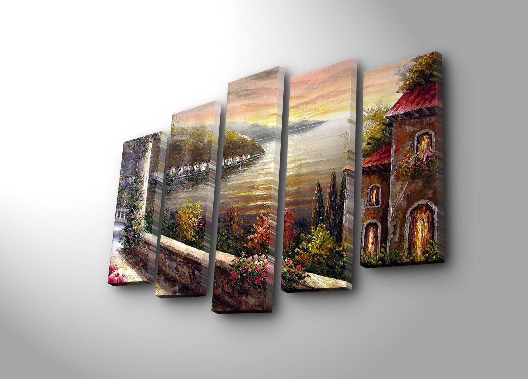 Quadro Decorativo em Tela Suede Multicolor — Conjunto 5 Peças, Moldura Madeira 3 cm, 70 x 105 cm