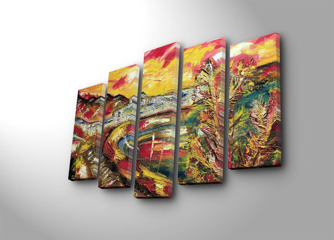 Conjunto de Quadros Decorativos Multicolor (5 Peças) em Tela Suede 100% com Moldura de Madeira 3 cm – 70 x 105 cm