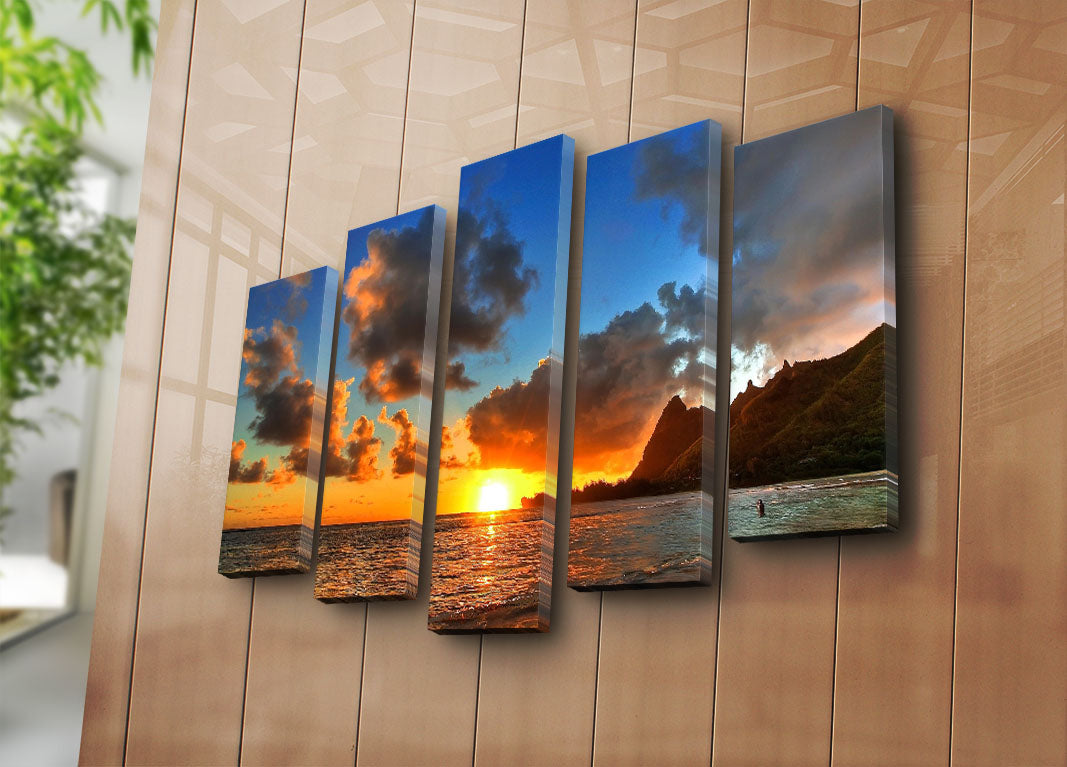 Quadro Decorativo em Tela (5 Peças) Multicolor – Tela de Camurça 100%, Moldura de Madeira 3 cm, 70x105 cm – 5PATK-194