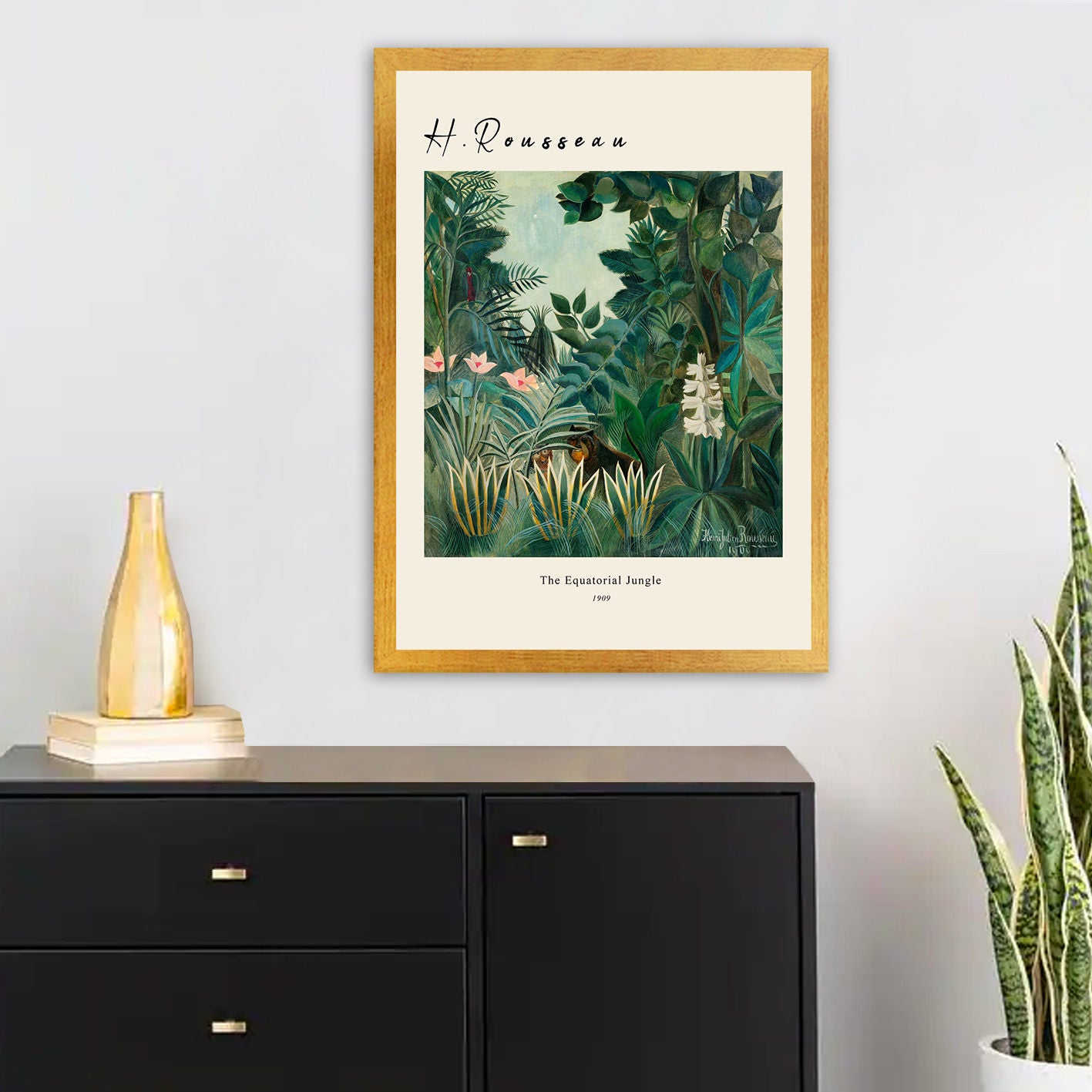 Pintura decorativa emoldurada 'A Selva Equatorial' de Henri Rousseau, 55 x 75 cm | Moldura 100% madeira, poliestireno de 2 cm | Impressão digital UV, Vibrant Art