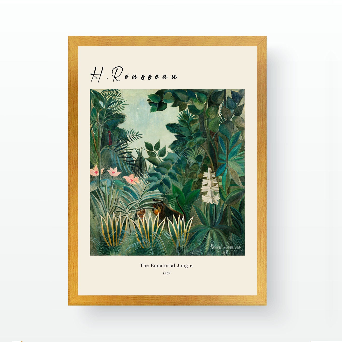 Pintura decorativa emoldurada 'A Selva Equatorial' de Henri Rousseau, 55 x 75 cm | Moldura 100% madeira, poliestireno de 2 cm | Impressão digital UV, Vibrant Art