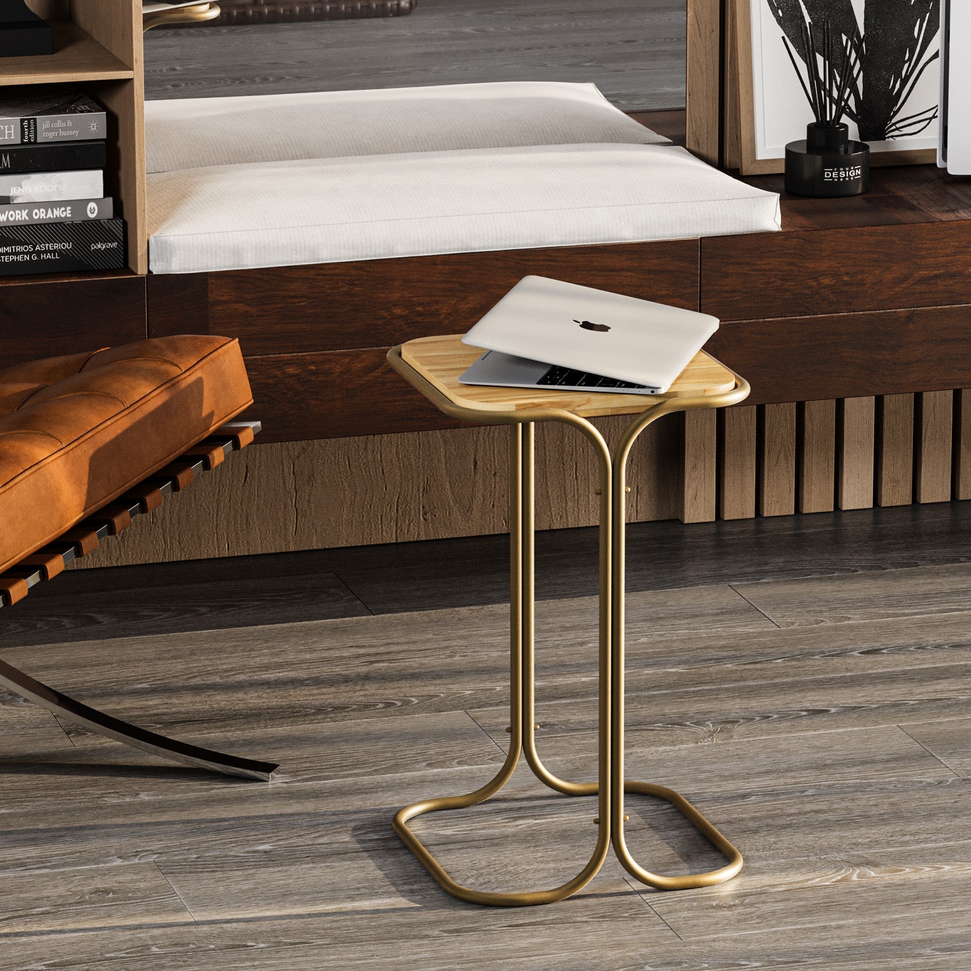Mesa de Centro Elegante com Estrutura de Metal, Acabamento Dourado e Natural, 30 x 52 x 30 cm | 100% Madeira, Design Desmontado | Perfeita para Espaços Modernos