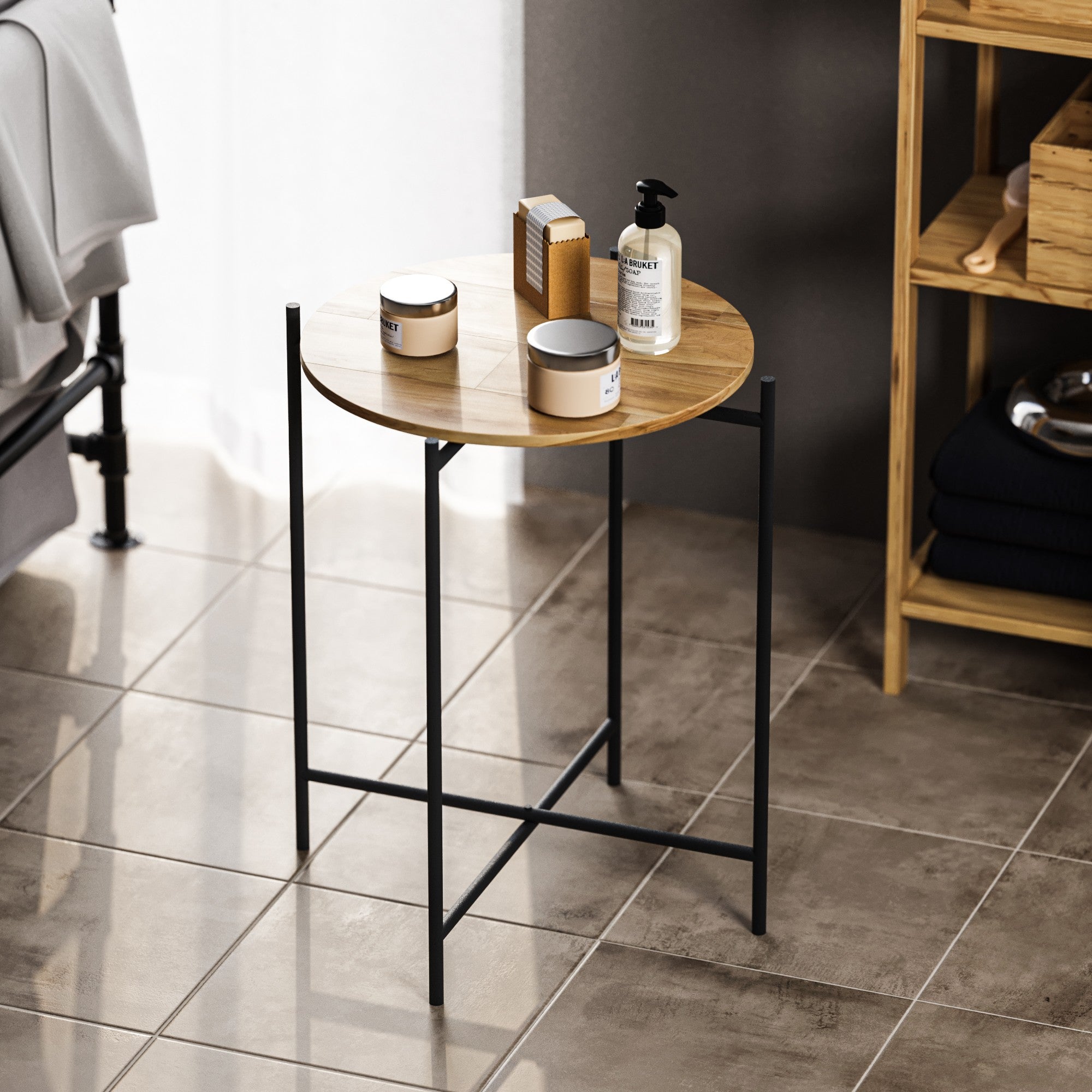 Mesa de Centro Elegante com Estrutura de Metal, Acabamento Preto e Natural, 46 x 56 x 46 cm | 100% Madeira, Desmontável para Fácil Montagem | Perfeita para Espaços Modernos