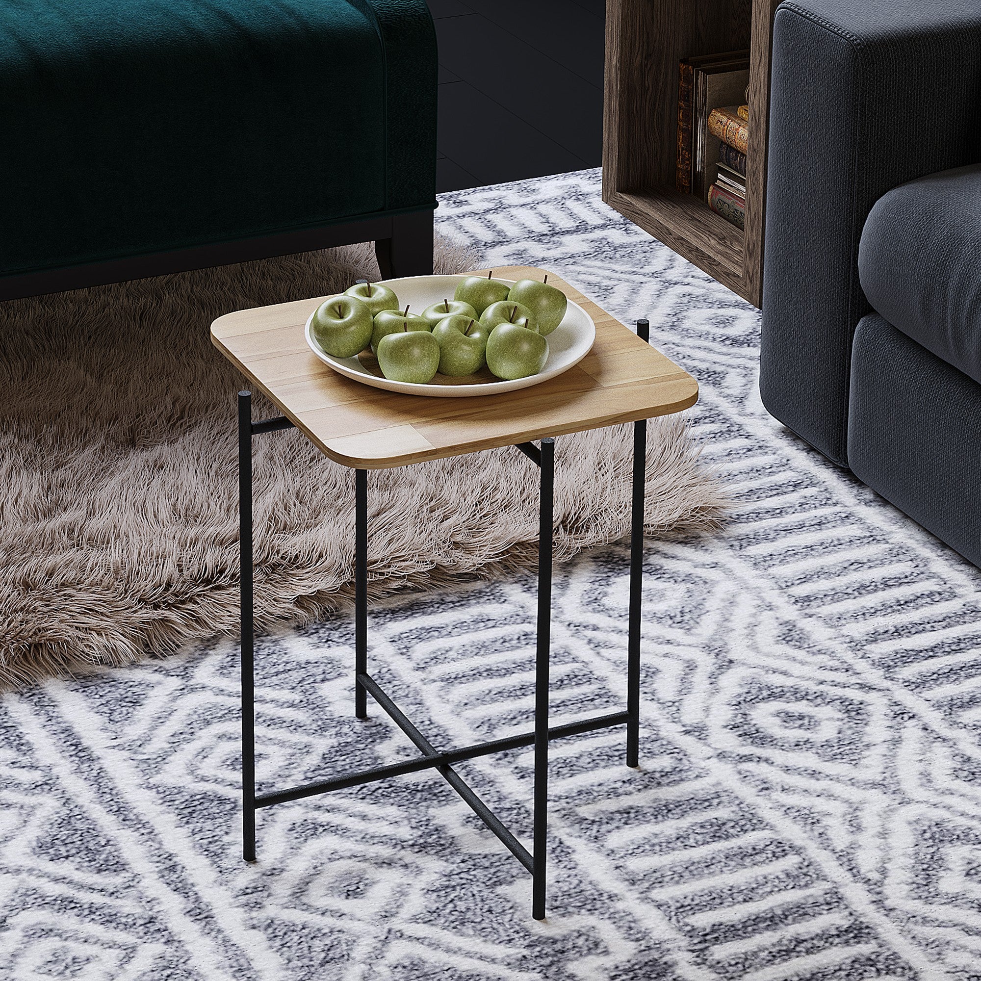 Mesa de Centro Elegante com Estrutura de Metal, Acabamento Preto e Natural, 46 x 56 x 46 cm | 100% Madeira, Desmontável para Fácil Montagem | Perfeita para Espaços Modernos