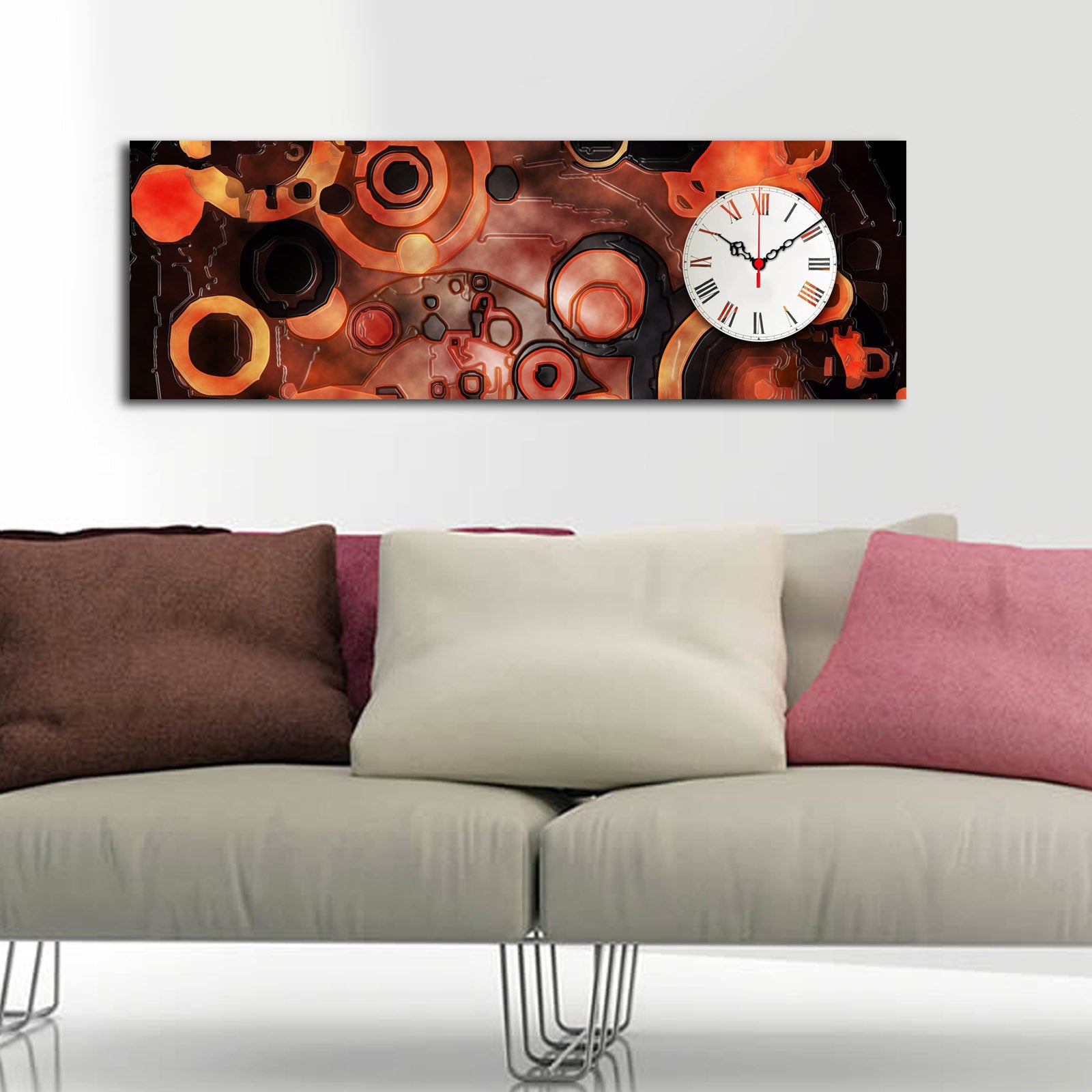 Relógio de Parede em Tela Decorativa Multicolor 30x90 cm | Tela Suede 100% | Moldura de Madeira 3 cm | Ref. 3090CS-52