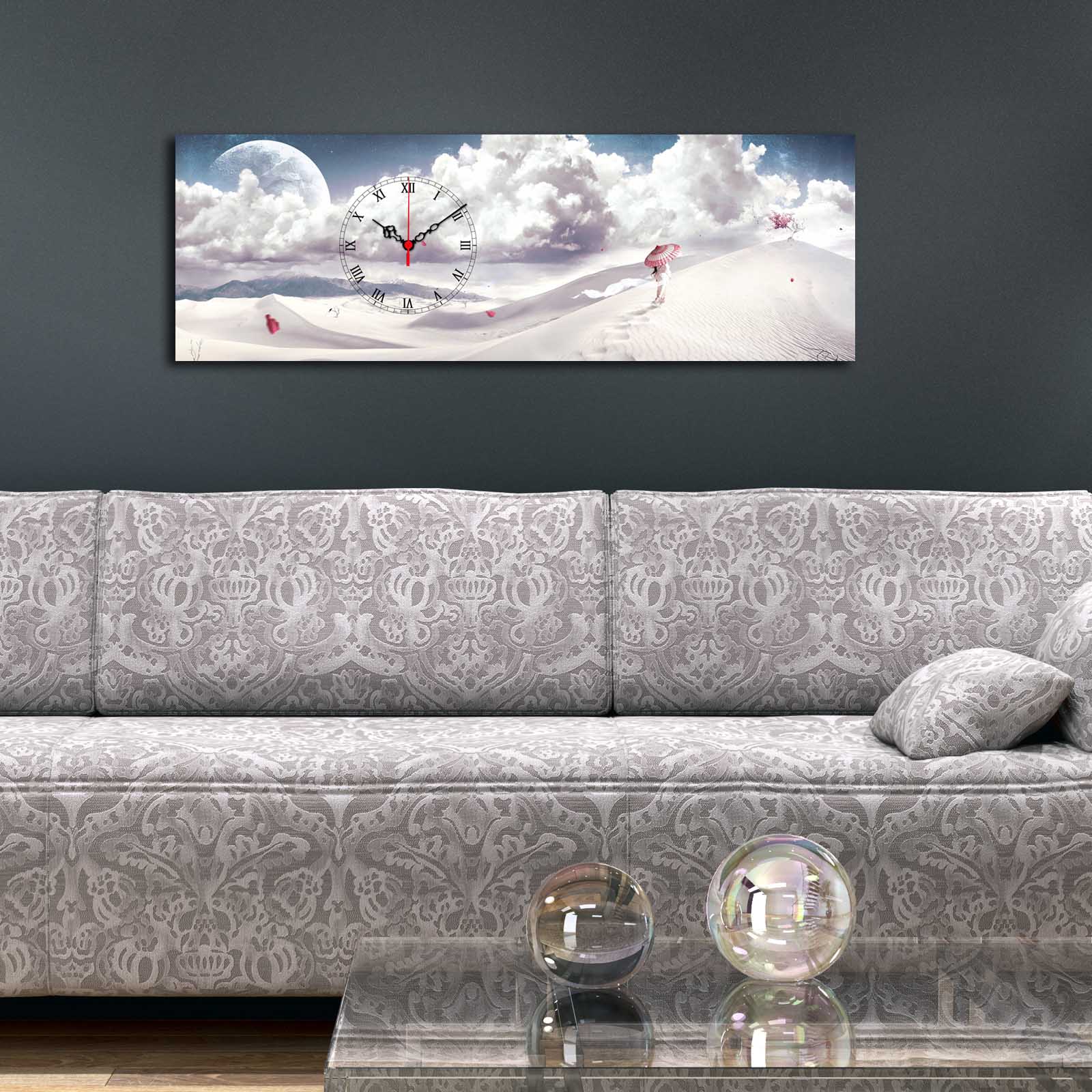 Relógio de Parede Decorativo em Tela Suede 30x90 cm Multicolor com Moldura de Madeira 3 cm – 3090CS-57