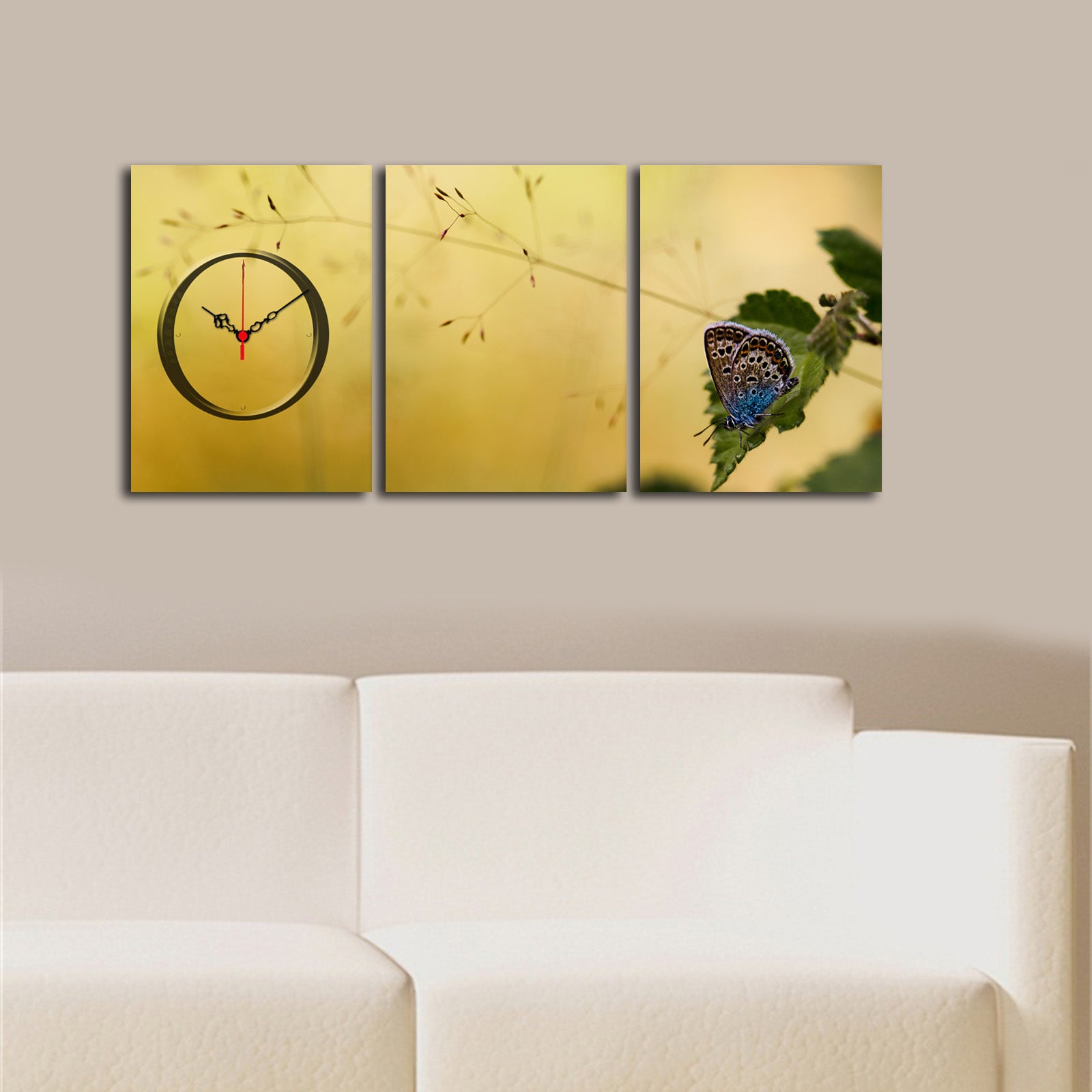 Relógio de Parede em Tela Decorativa (3 Peças) Multicolor – 90 x 38 cm, Tela Suede 100%, Moldura de Madeira