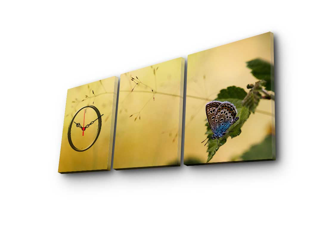 Relógio de Parede em Tela Decorativa (3 Peças) Multicolor – 90 x 38 cm, Tela Suede 100%, Moldura de Madeira