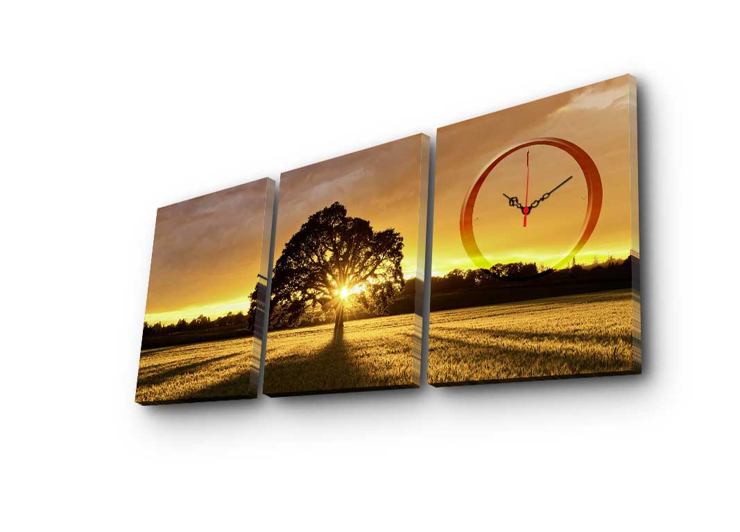 Relógio de Parede em Tela (3 Peças) Multicolor – Suede 100% e Moldura de Madeira – 90x38 cm | 3P3040CS-77