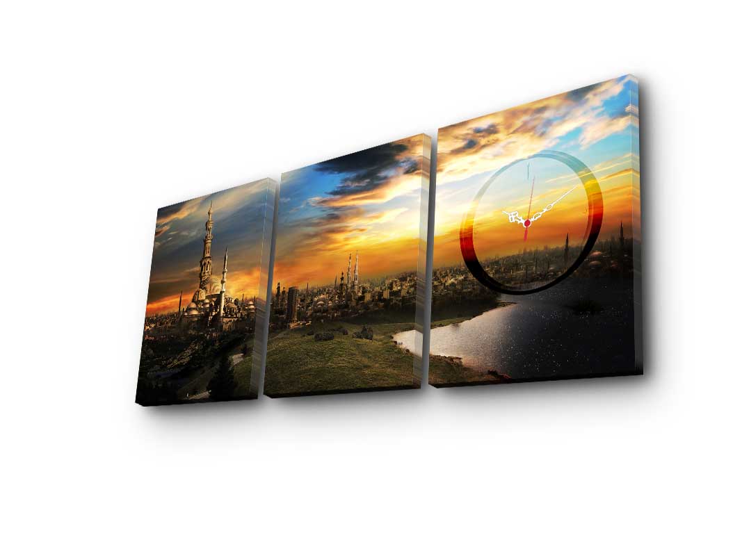 Relógio de Parede em Tela Decorativa Multicolor (3 Peças) – 90x38 cm, Suede 100%, Moldura de Madeira