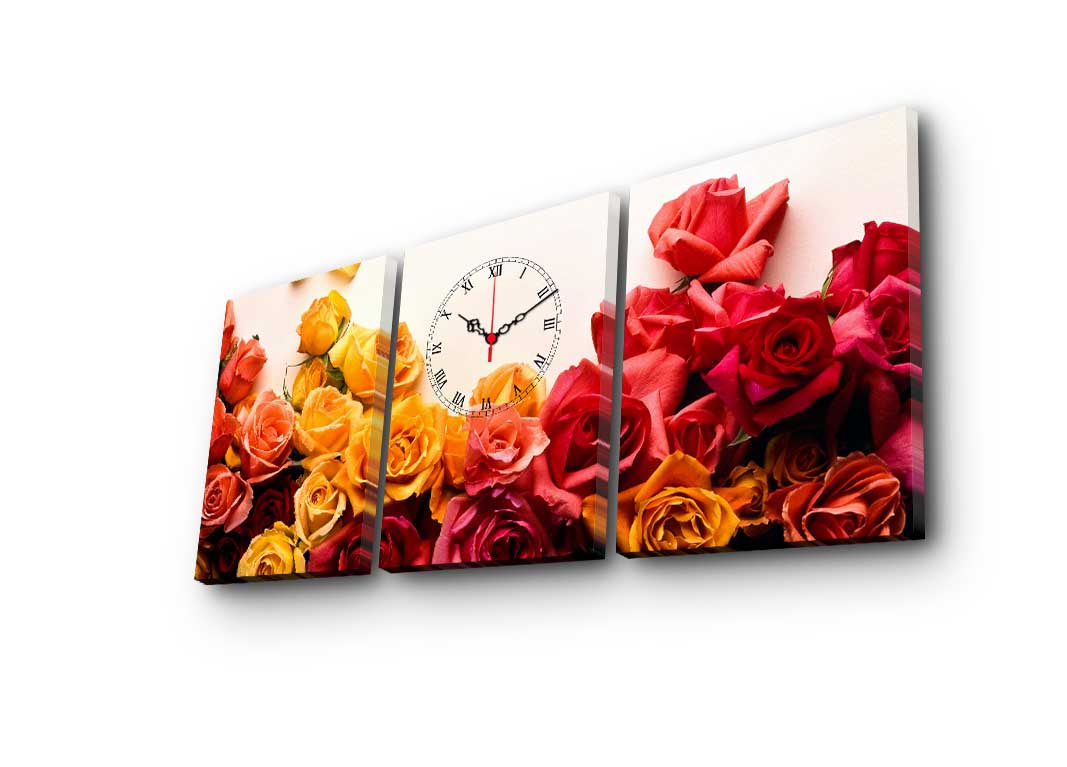 Relógio de Parede em Tela Decorativa Multicolor (Conjunto de 3) – 28x38 cm cada, total 90x38 cm – Moldura 100% Madeira