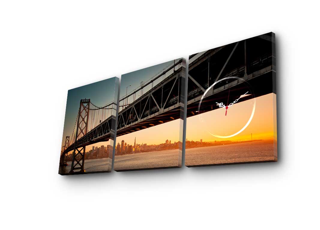 Relógio de Parede Decorativo em Tela Suede Multicor – 3 Peças, Moldura de Madeira, 90x38 cm