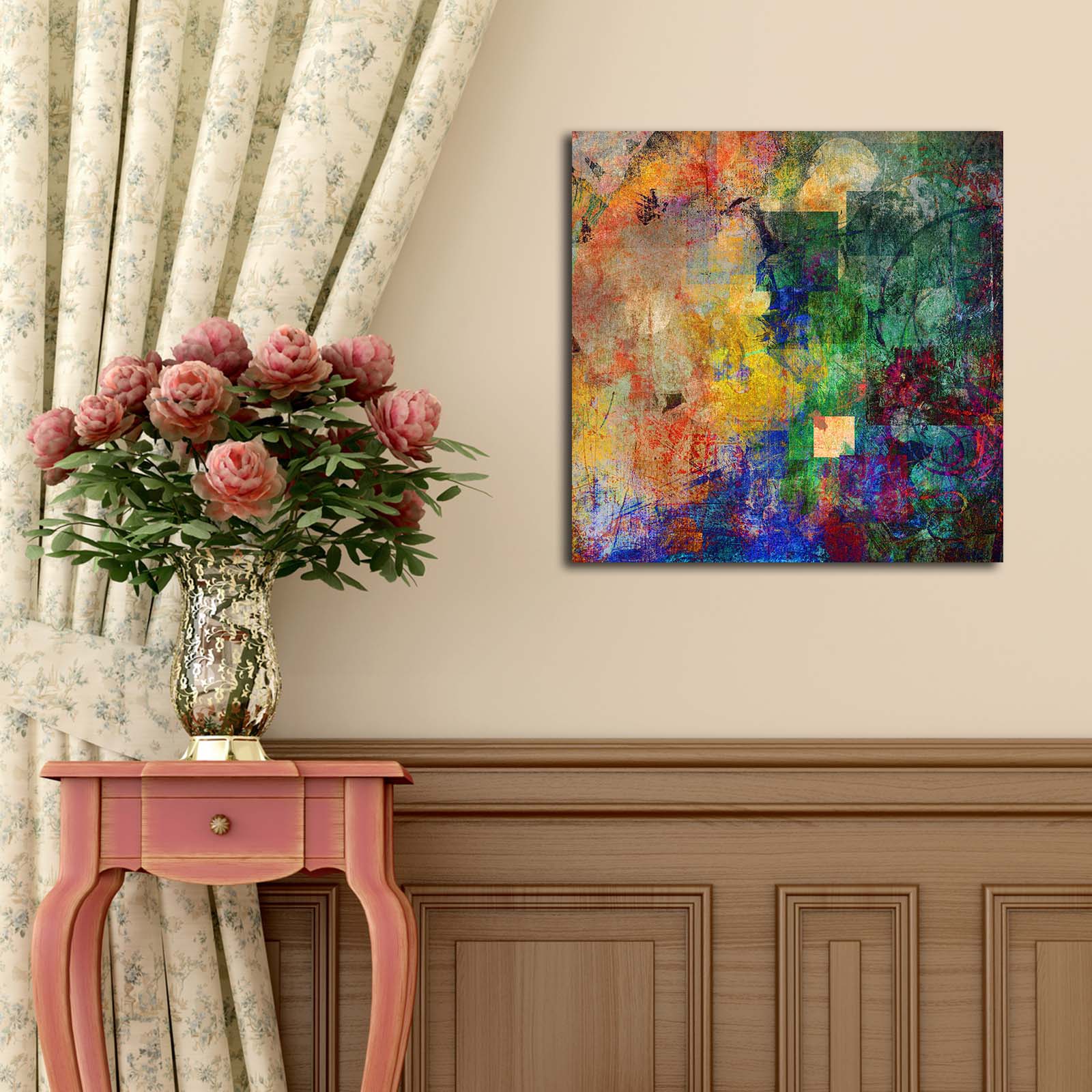 Quadro em Tela Decorativa Multicolor 45x45 cm | Tela 100% Camurça | Moldura em Madeira (Espessura 3 cm) – 4545K-91