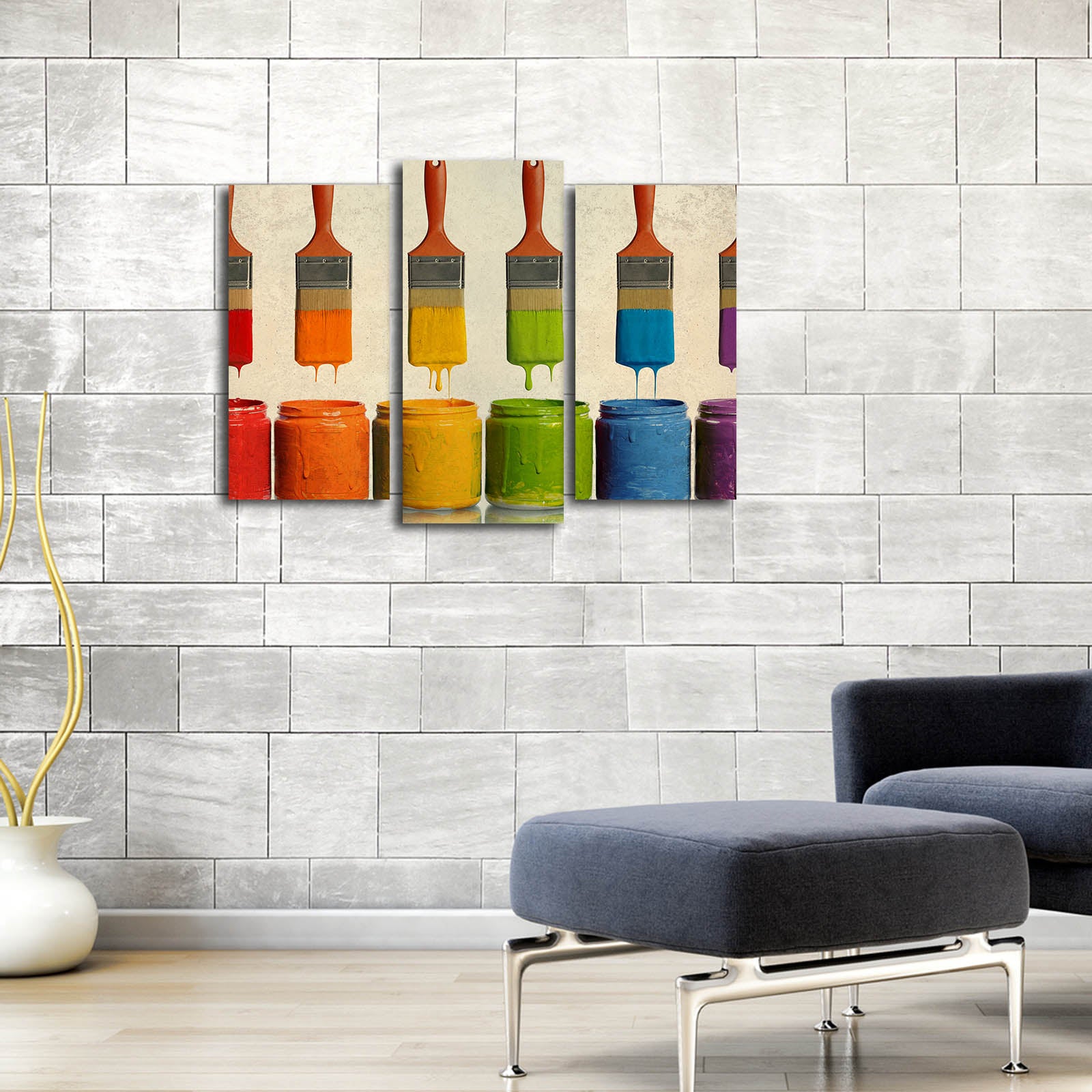 Quadro Decorativo em Tela Suede (3 Peças) Multicolor 66 x 45 cm com Moldura de Madeira – 3PATK-85