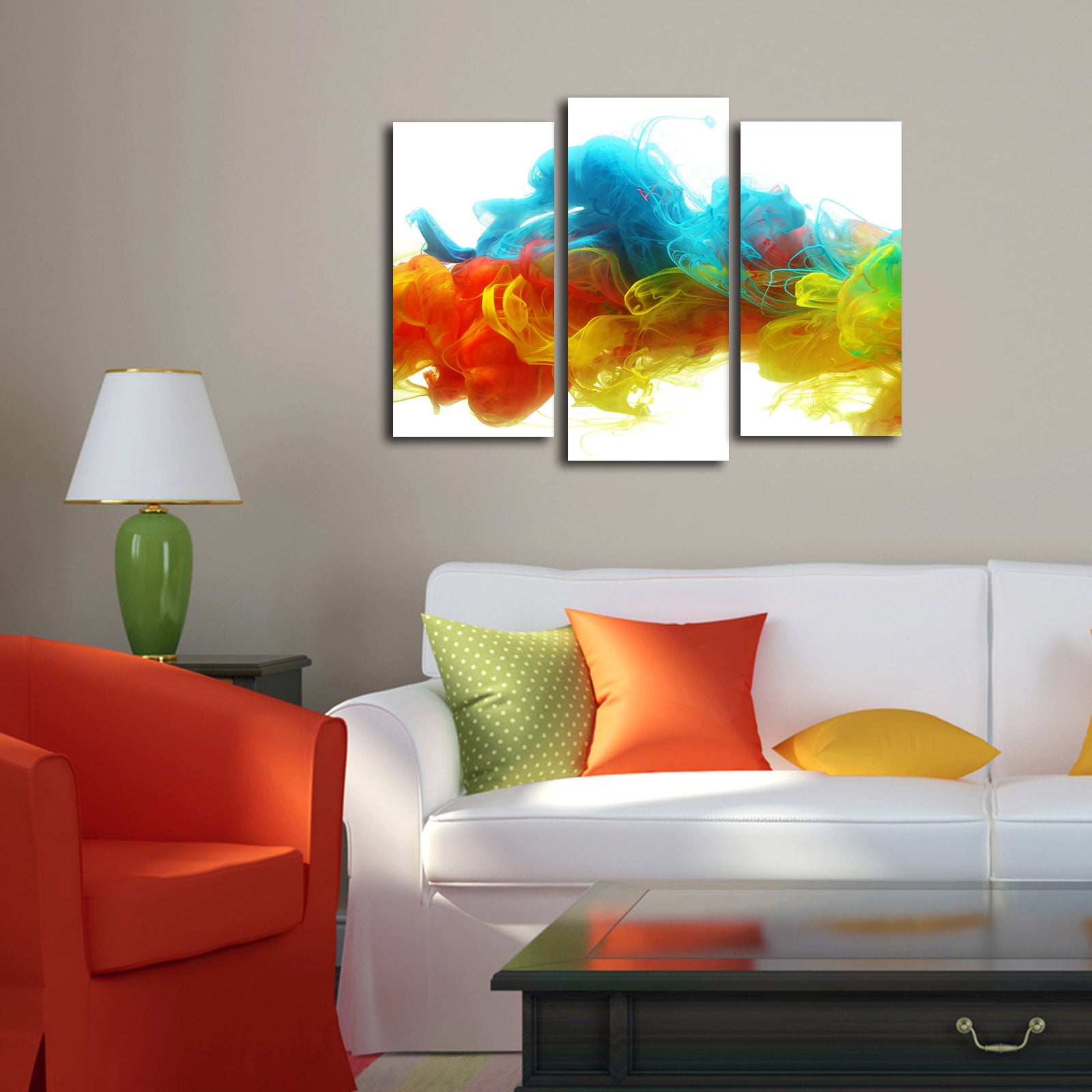 Quadro Decorativo em Tela 3 Peças Multicolor 3PATK-87, Suede 100%, Moldura Madeira 3 cm, 20x39 (2) + 20x45 (1), Total 66x45 cm