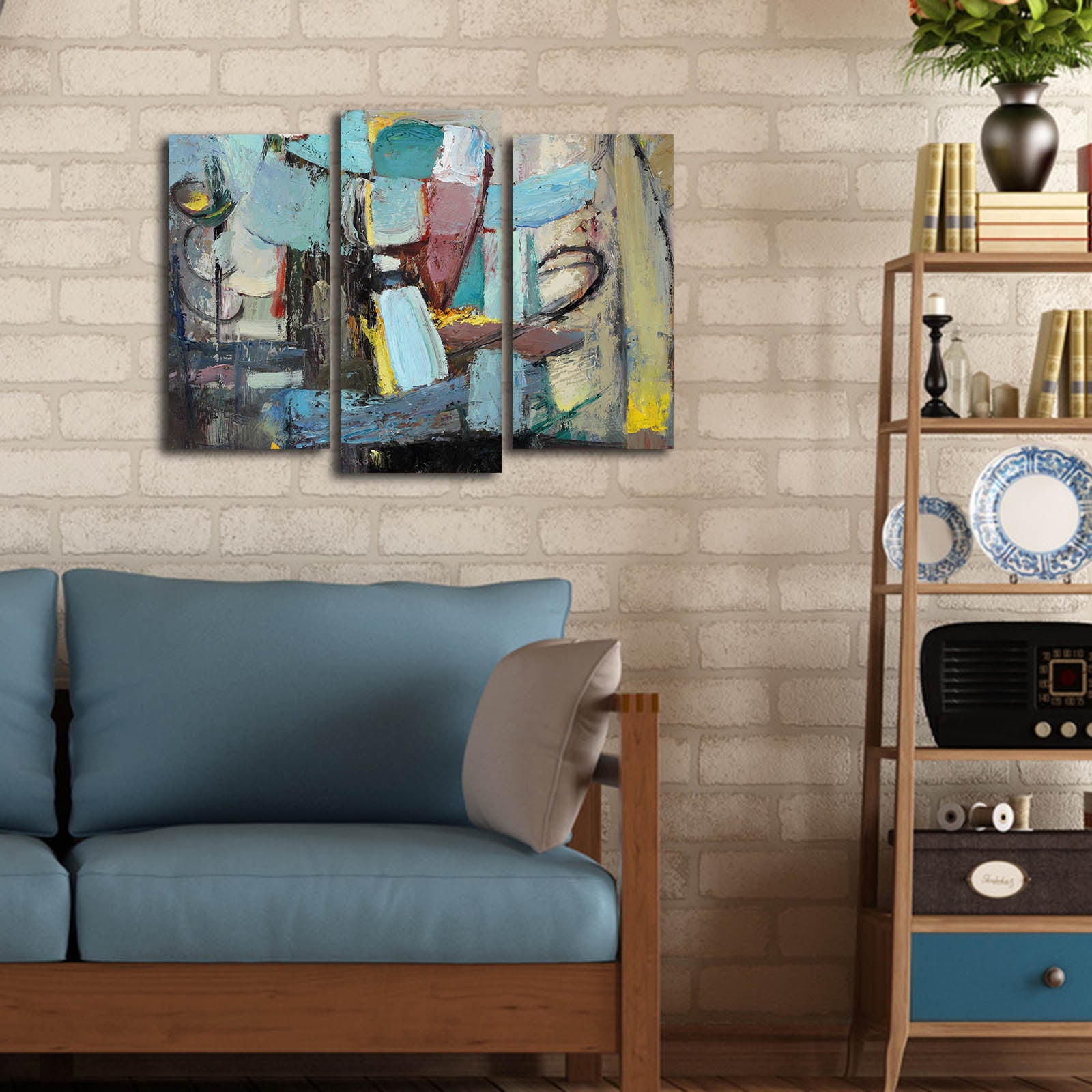 Quadro Decorativo Tríptico Multicolor 3PATK-89 em Tela Suede 100% com Moldura de Madeira 66x45 cm