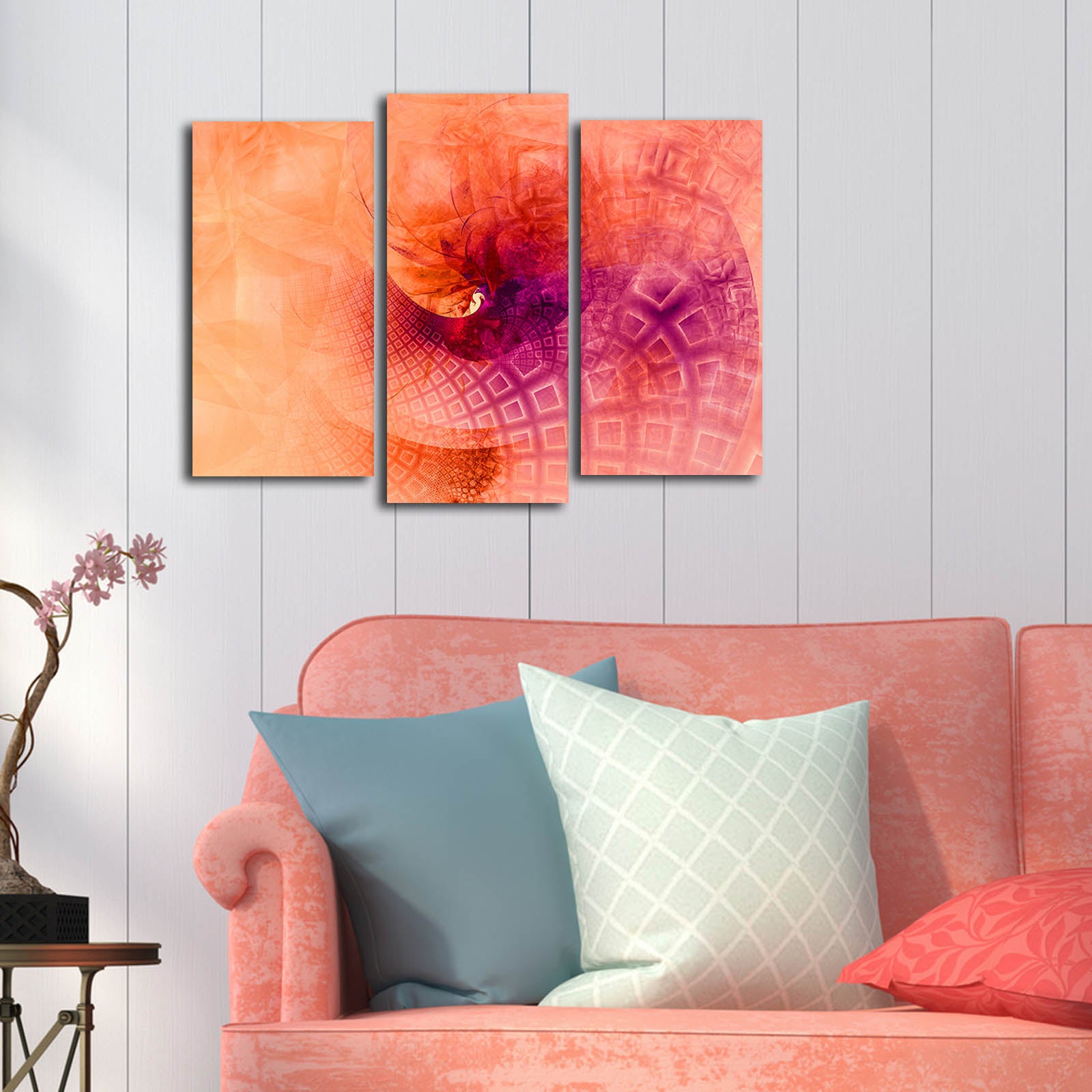 Conjunto de Quadros Decorativos em Canvas Suede (3 Peças) Multicolor — 3PATK-93 — Moldura de Madeira 3 cm, Tamanho Total 66 x 45 cm