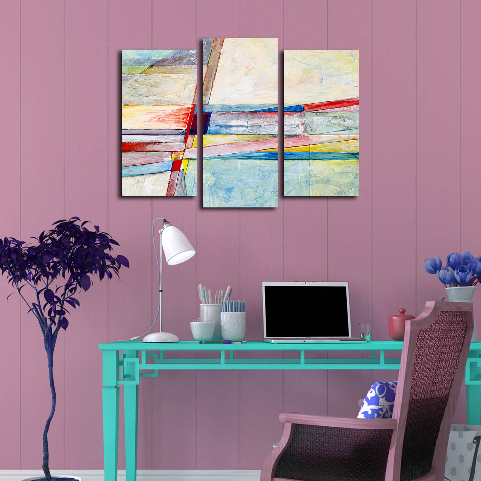 Tríptico em Tela Suede 100% – Multicolor, Moldura de Madeira, 66 x 45 cm