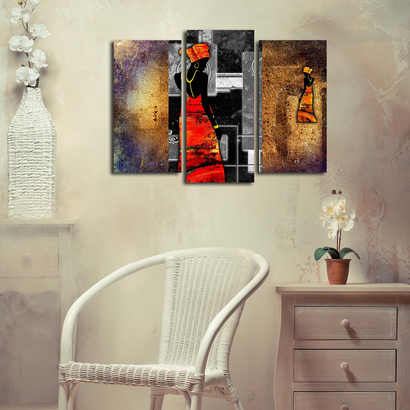 Tela Decorativa Tripla Multicolor 3PATK-103 – Suede 100%, Moldura de Madeira, 66x45 cm