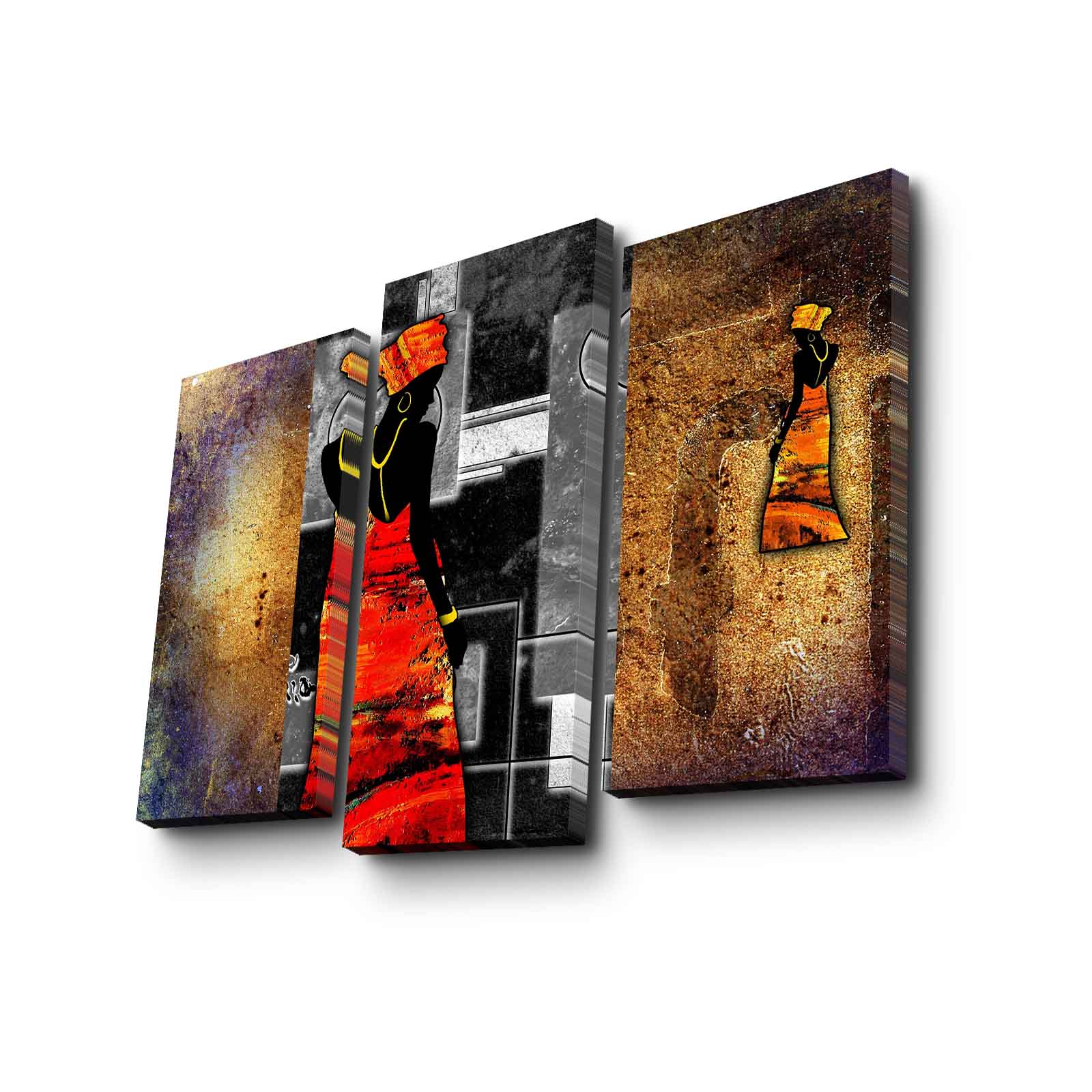 Tela Decorativa Tripla Multicolor 3PATK-103 – Suede 100%, Moldura de Madeira, 66x45 cm