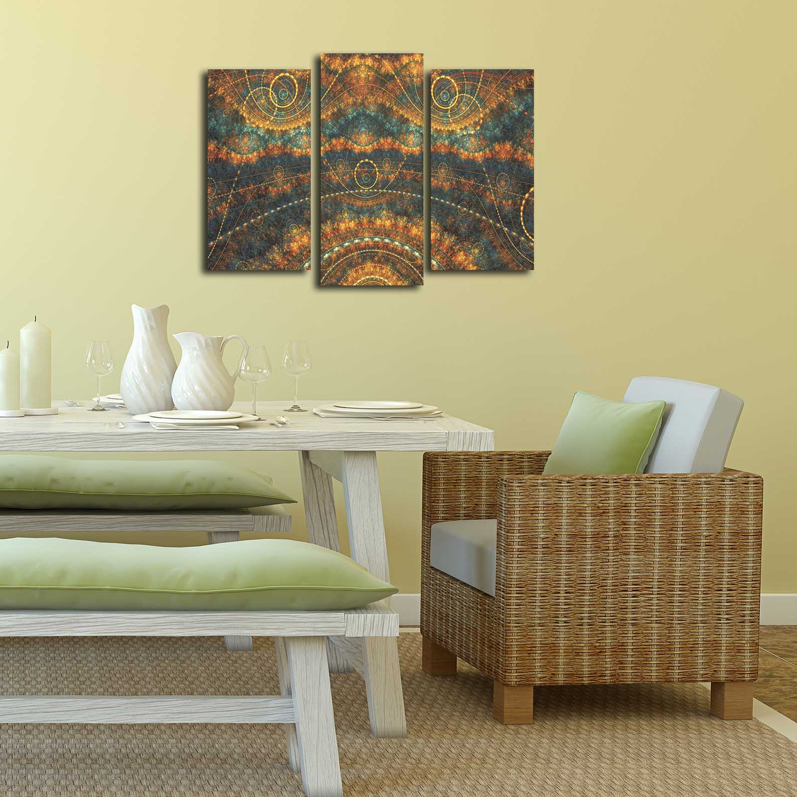 Tríptico em Tela Decorativa Multicolor – 3 Peças, Suede 100%, Moldura de Madeira, 66 x 45 cm