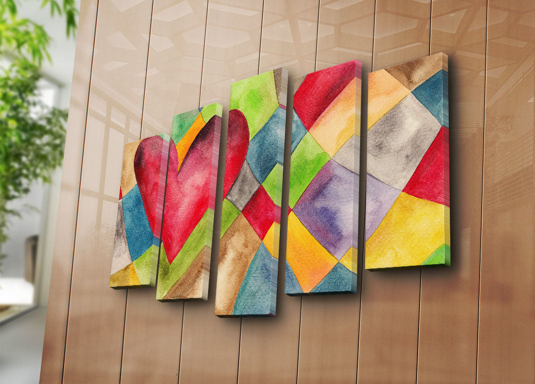 Quadro Decorativo em Tela Suede 100% – Conjunto de 5 Peças Multicolor, 105 x 70 cm, Moldura de Madeira 3 cm