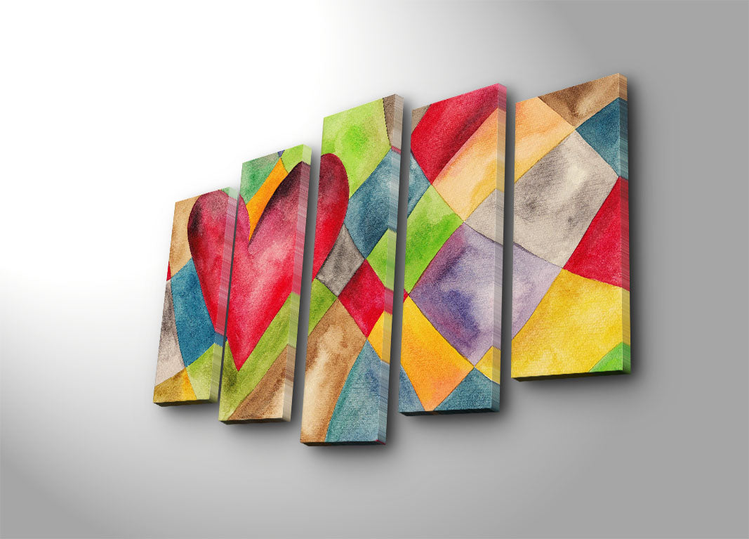 Quadro Decorativo em Tela Suede 100% – Conjunto de 5 Peças Multicolor, 105 x 70 cm, Moldura de Madeira 3 cm