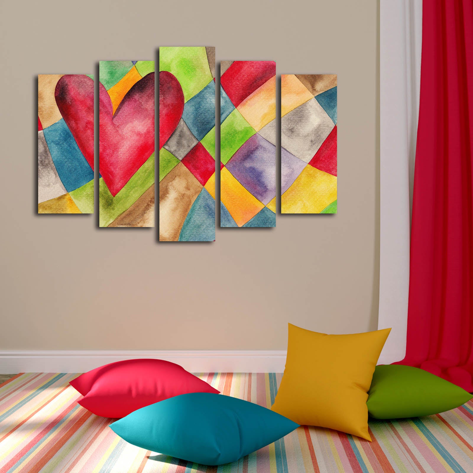 Quadro Decorativo em Tela Suede 100% – Conjunto de 5 Peças Multicolor, 105 x 70 cm, Moldura de Madeira 3 cm
