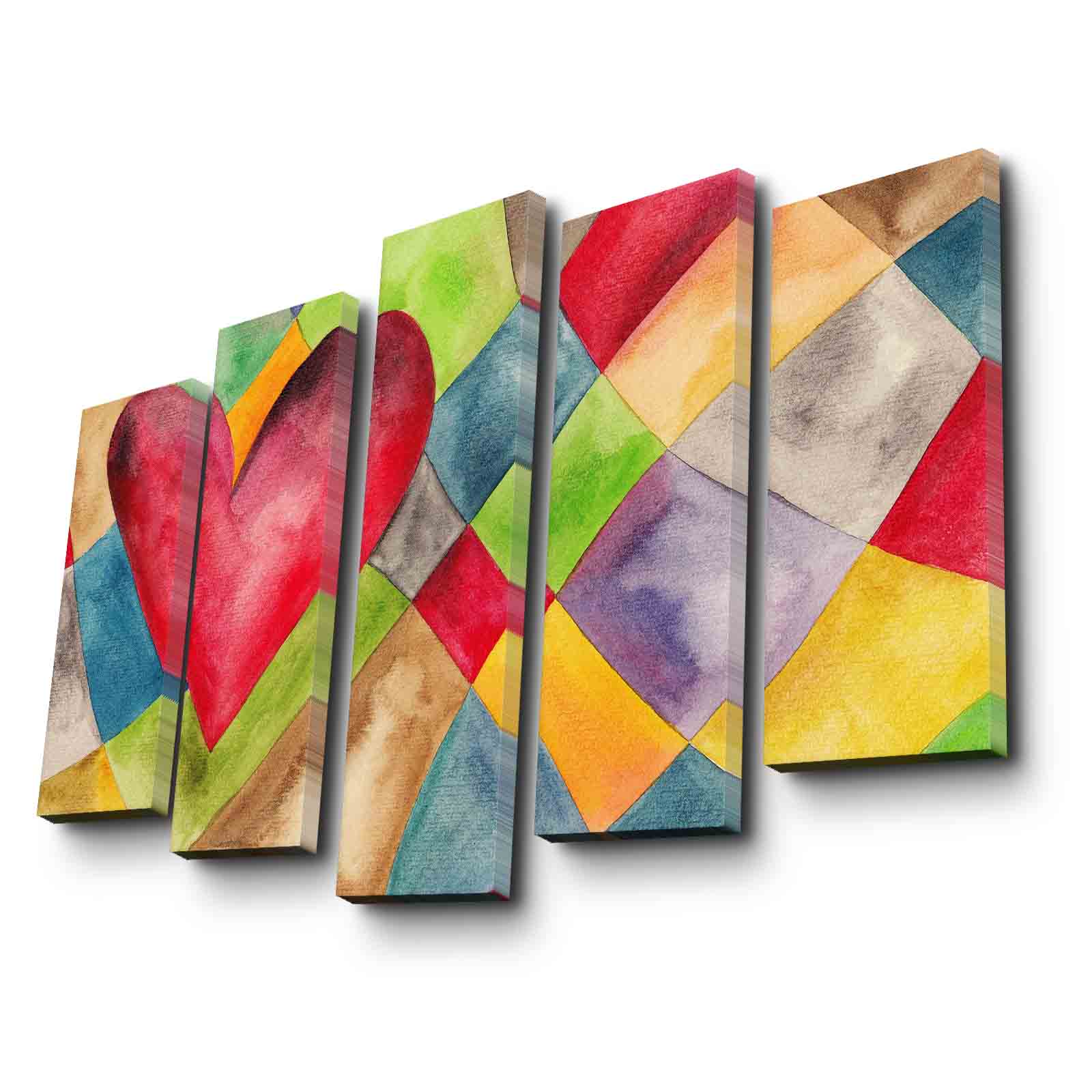 Quadro Decorativo em Tela Suede 100% – Conjunto de 5 Peças Multicolor, 105 x 70 cm, Moldura de Madeira 3 cm