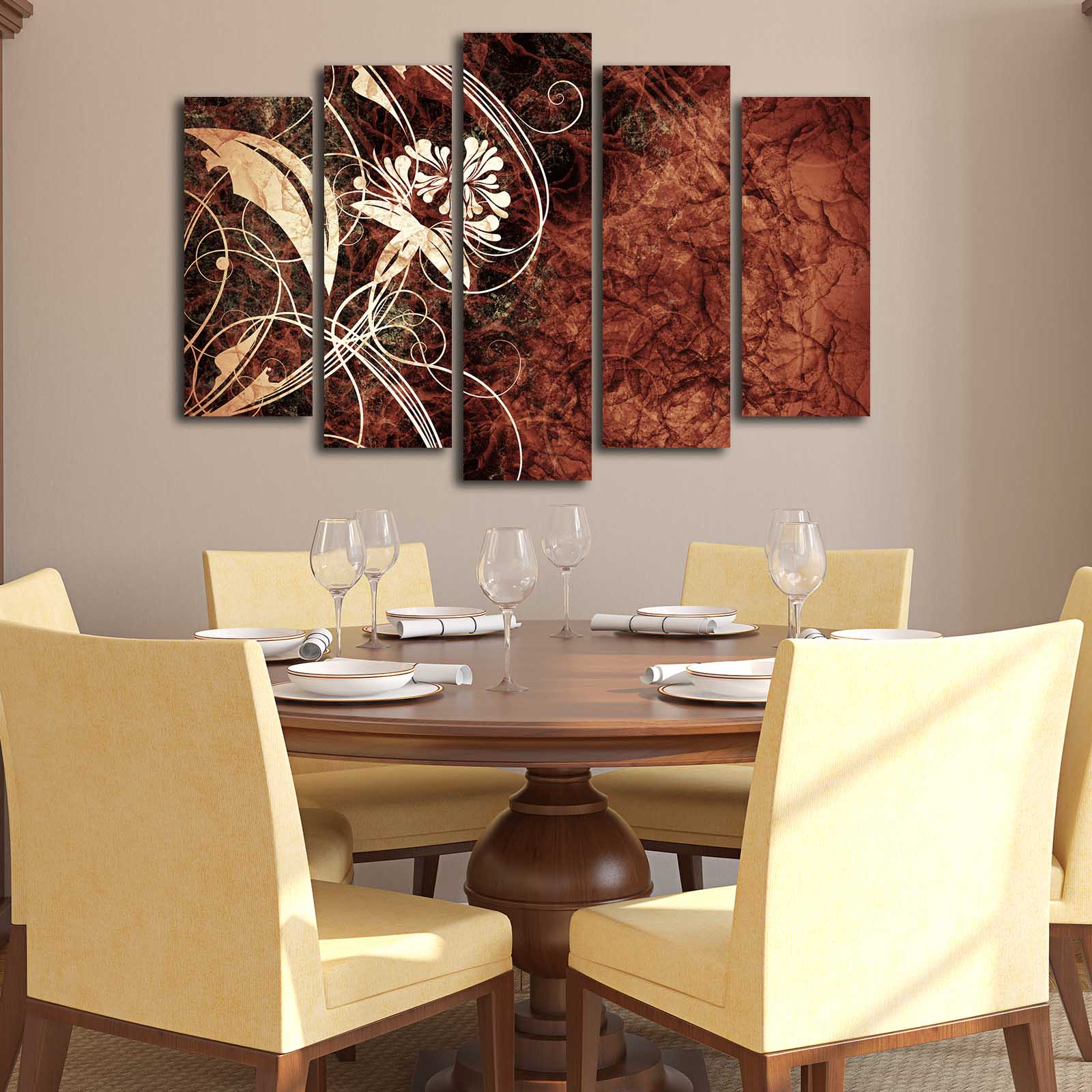 Quadro Decorativo 5PATK-212 em Tela Suede Multicolor – 5 Peças, Moldura de Madeira, 105x70 cm