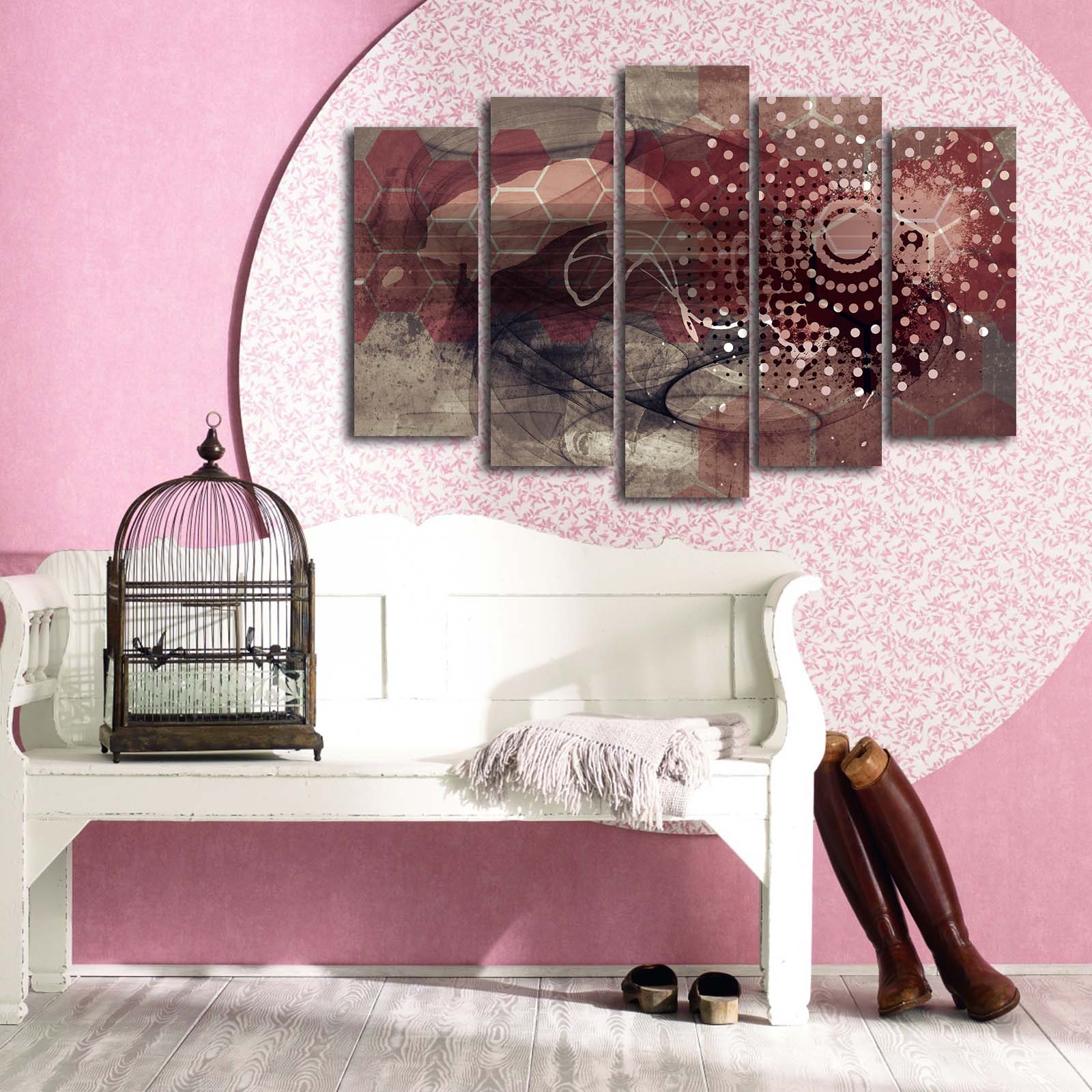 Quadro Decorativo em Tela Suede Multicolor – Conjunto 5 Peças, Moldura de Madeira, 105 x 70 cm